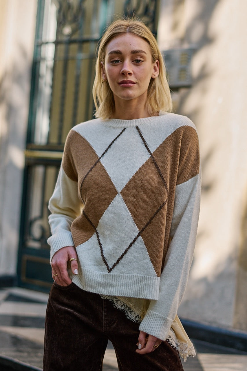 Sweater Lana y Cashmere Avola Blanco/Camel Vista Frontal