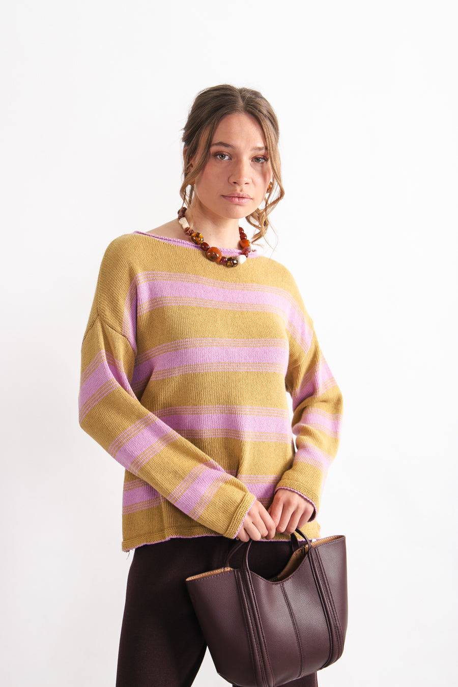 Sweater rayado Algodón y Lino Hortensia Rosado / Cúrcuma