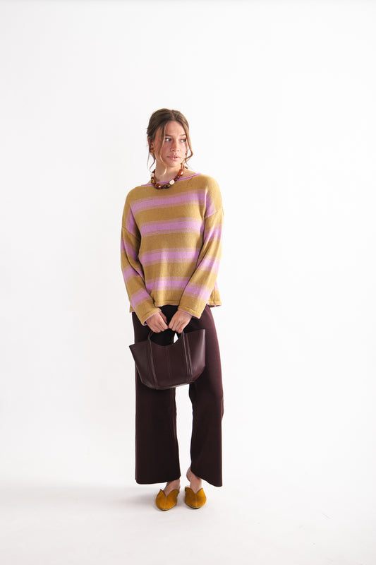 Sweater rayado Algodón y Lino Hortensia Rosado / Cúrcuma