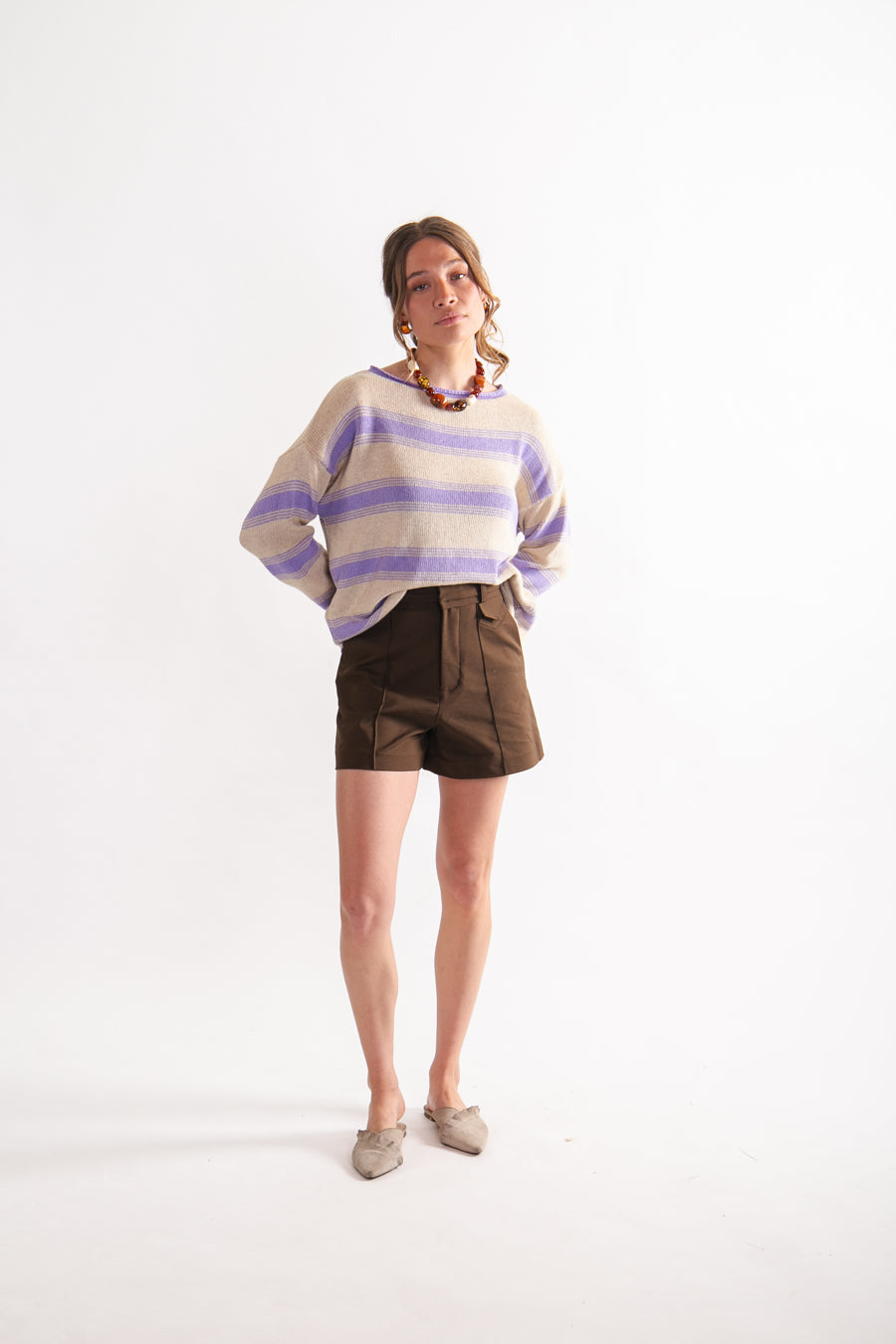 Sweater rayado Algodón y Lino Hortensia Lila / Cúrcuma